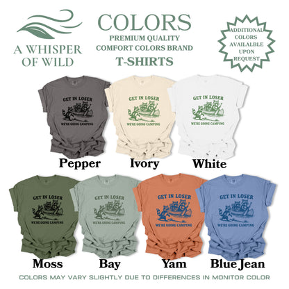 Collection of t-shirts in various colors with a graphic design and text on a white background.