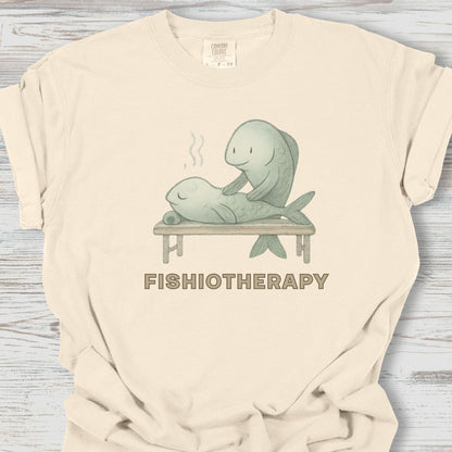 Beige t-shirt with 'Fishiotherapy' graphic featuring two fish on a table.