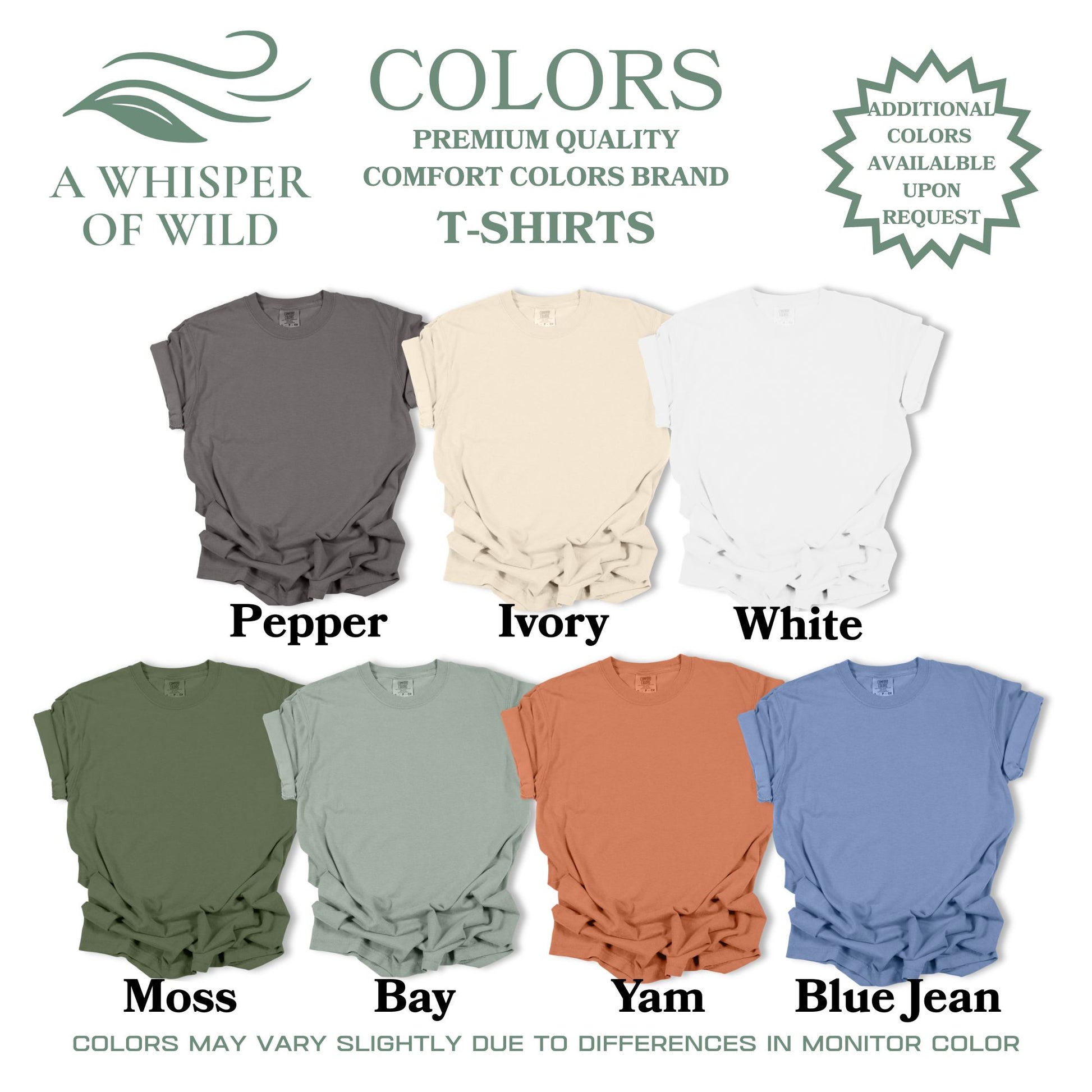 Display of t-shirts in various colors with brand name 'A Whisper of Wild' at the top.