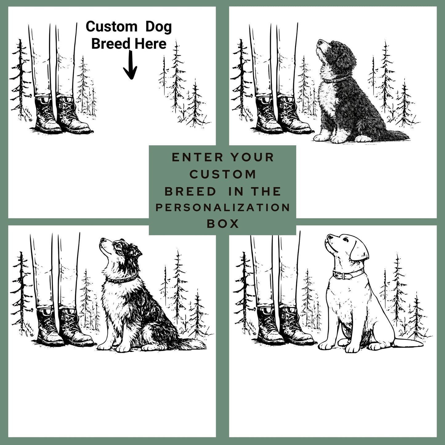 Illustrations of dogs with boots and trees, with a prompt to enter a custom dog breed.