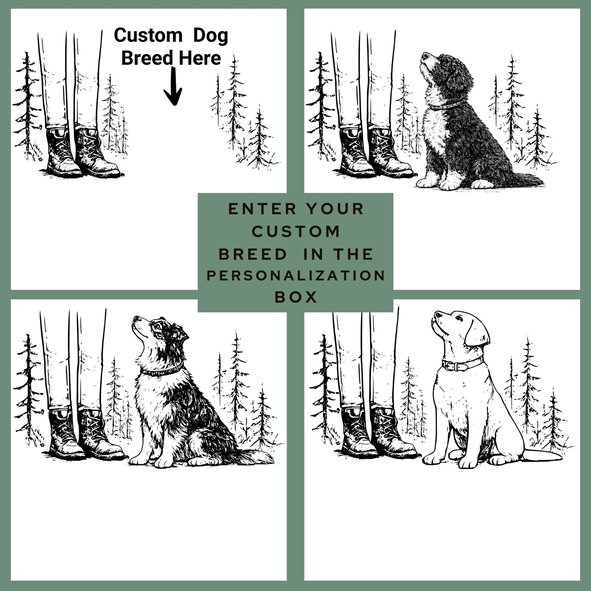 Illustrations of dogs with boots and trees, with a prompt to enter a custom dog breed.