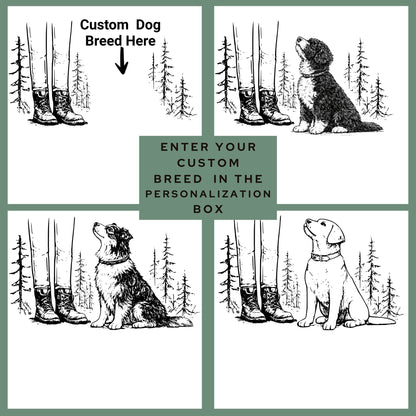 Illustrations of dogs with boots and trees, with a prompt to enter a custom dog breed.