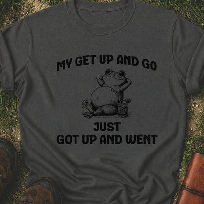 Dark gray t-shirt with a frog graphic and text on grass