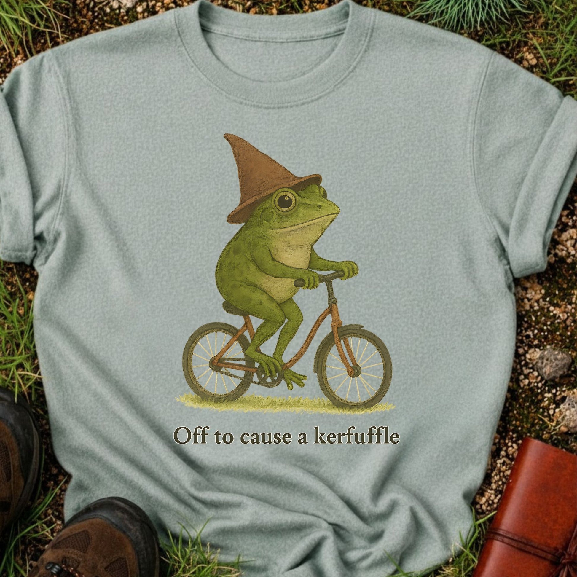 Light green t-shirt with a frog wearing a witch hat riding a bicycle graphic and text 'Off to cause a kerfuffle'.