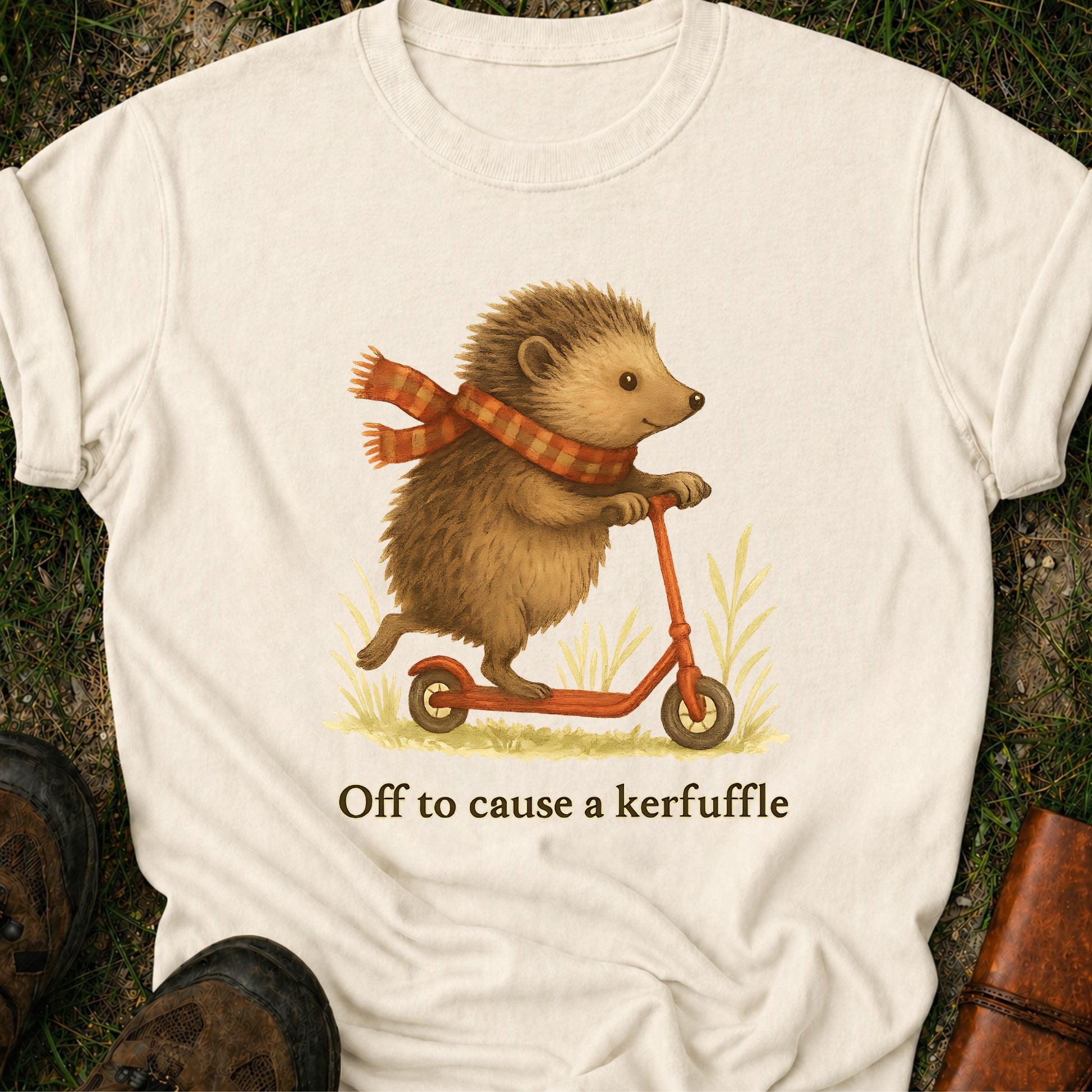 White t-shirt with a hedgehog on a scooter graphic and text 'Off to cause a kerfuffle' on grass.