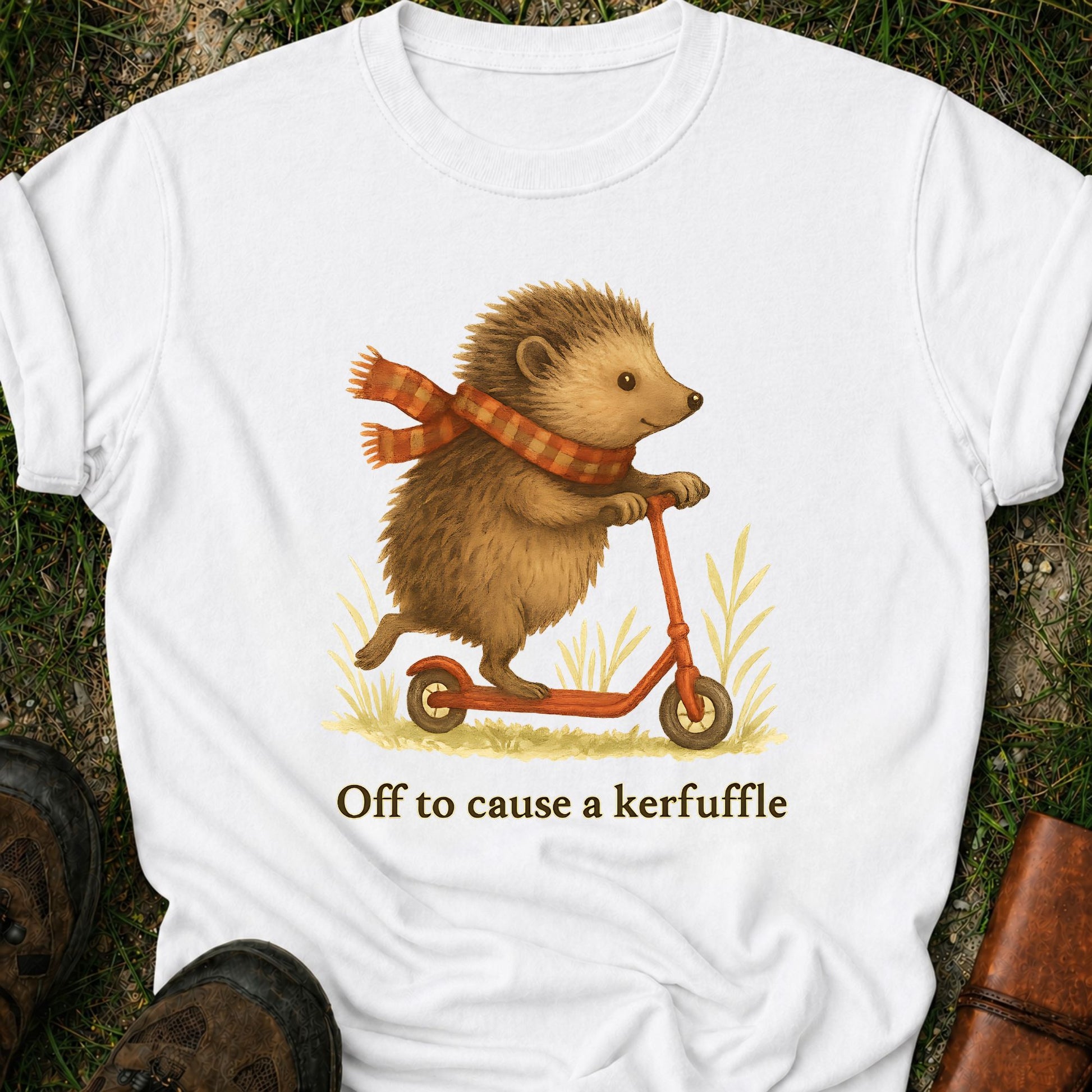 White t-shirt with a hedgehog on a scooter graphic and text 'Off to cause a kerfuffle' on grass.