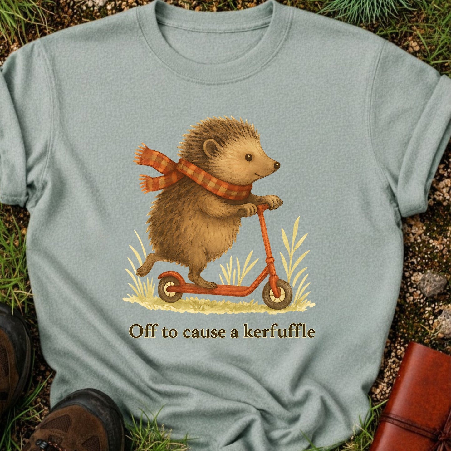 Light green t-shirt with a hedgehog on a scooter graphic and text, laid flat on grass.
