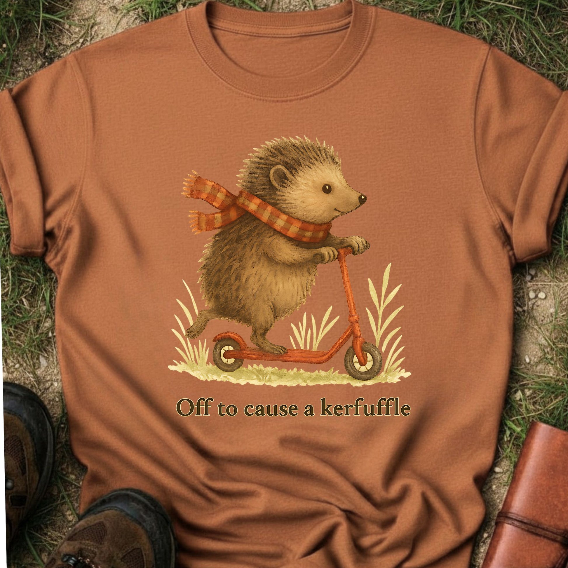 Orange t-shirt with a hedgehog on a scooter graphic and text 'Off to cause a kerfuffle' on grass.