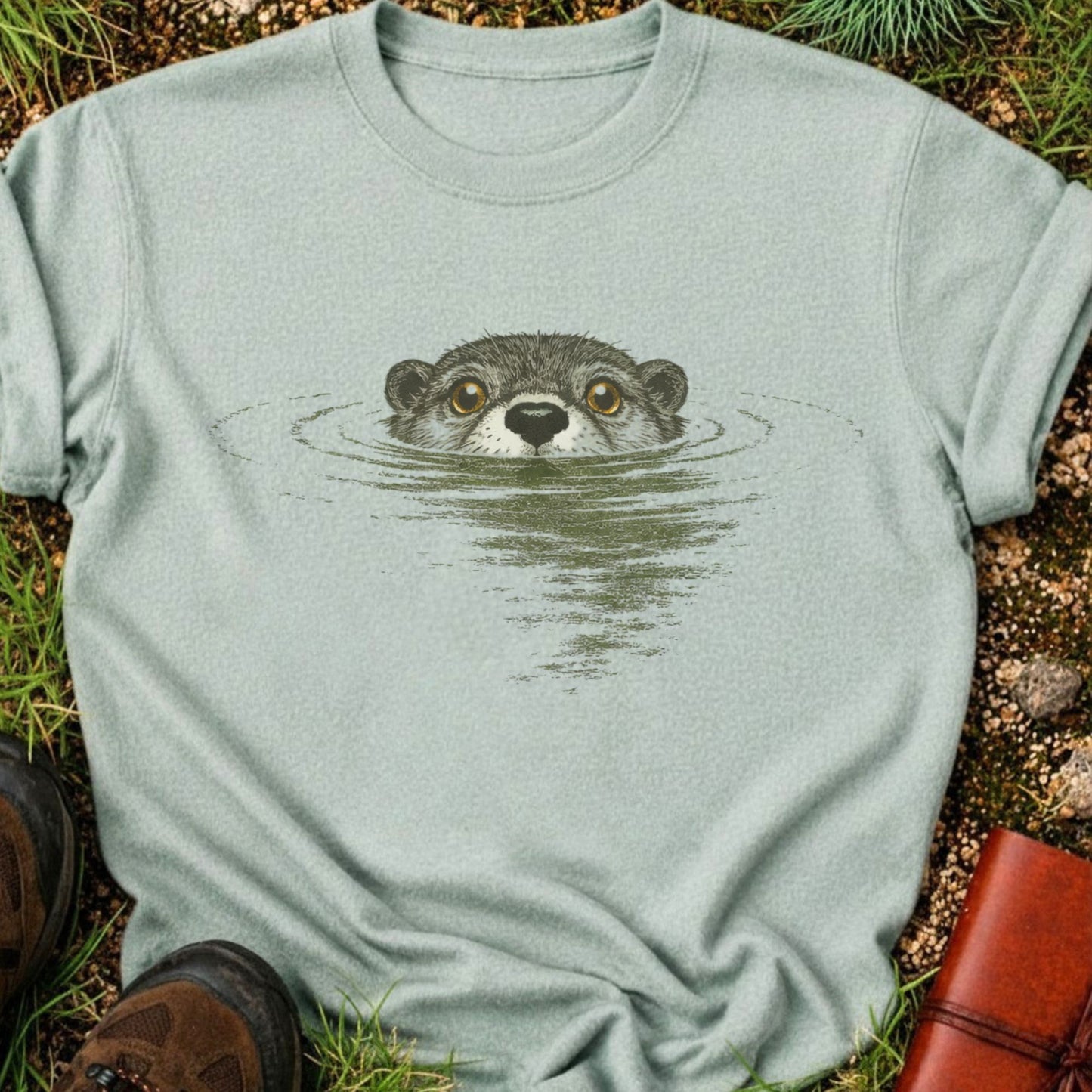 Light Green T-shirt with swimming otter design on lyimg on a grassy surface