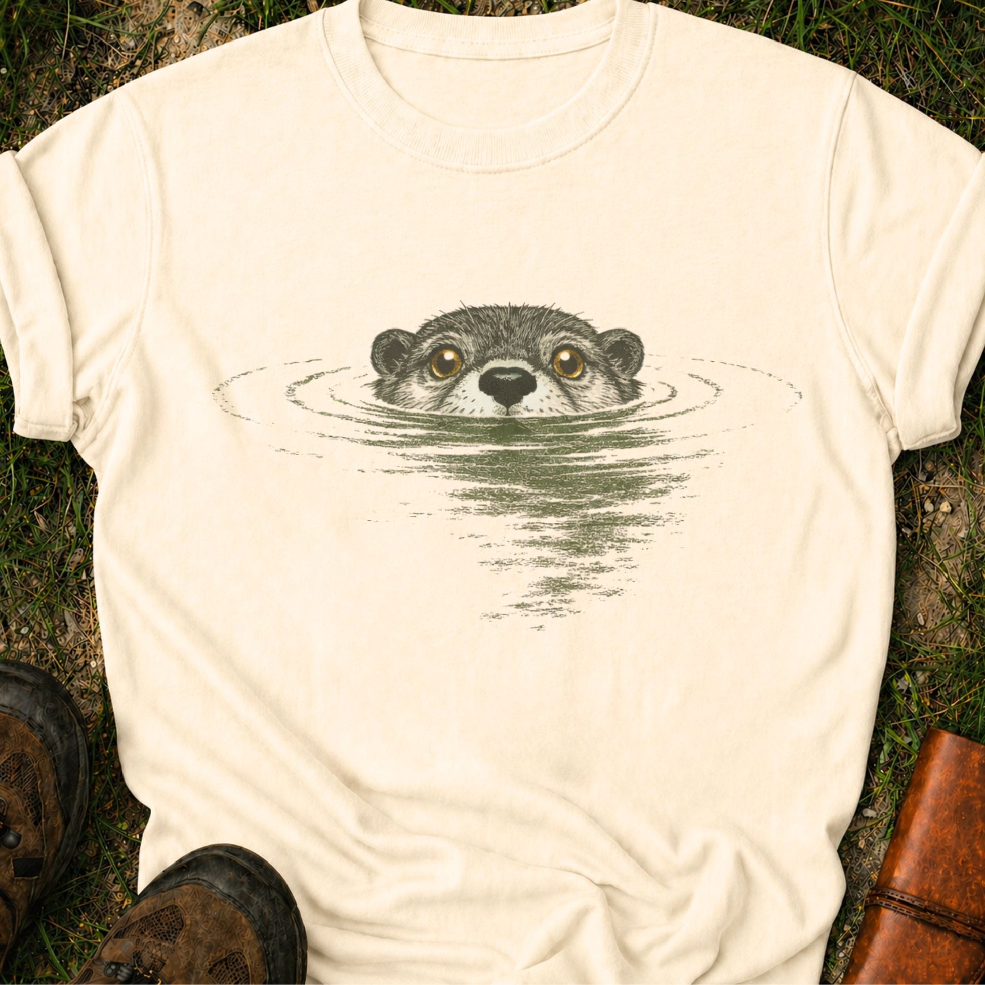 Ivory T-shirt with swimming otter design on lyimg on a grassy surface
