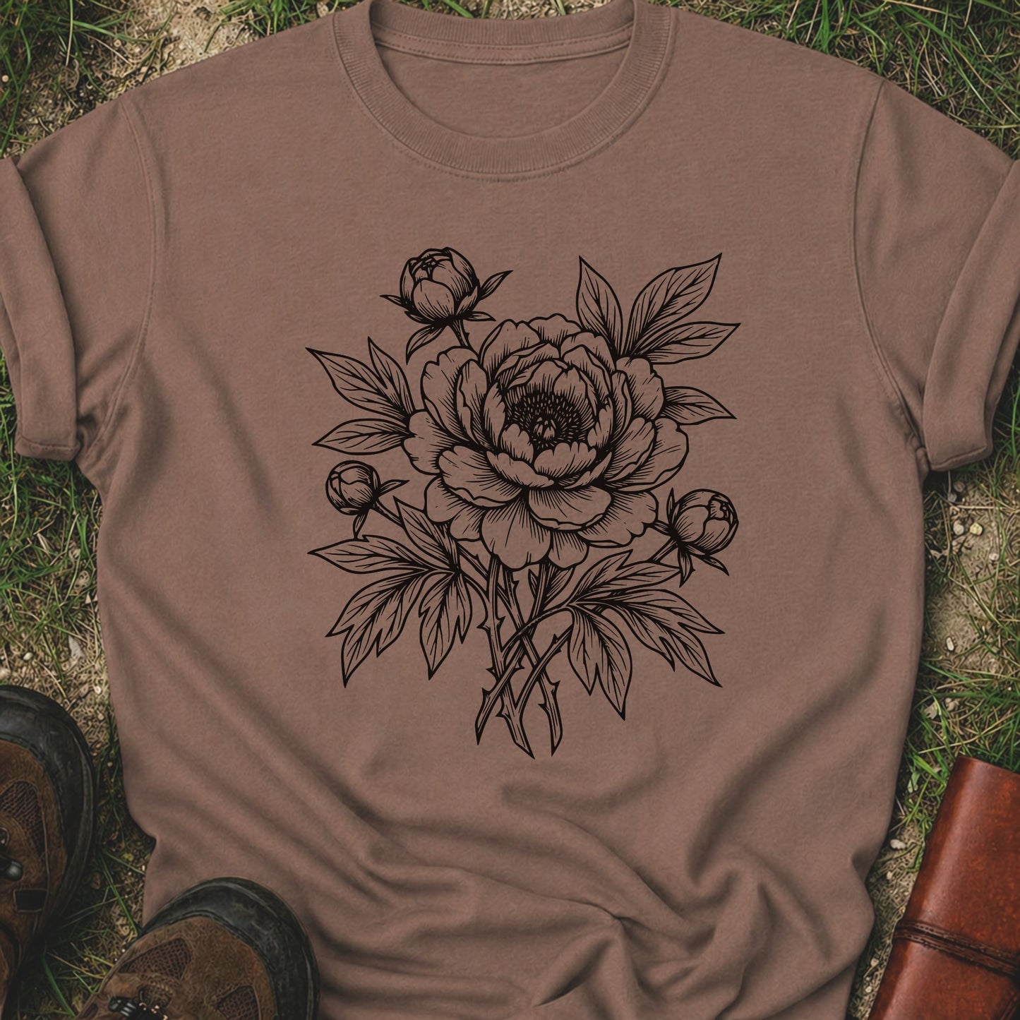 Brown Tshirt lying on a grassy surface. The black graphic on the shirt is an  botanical line art design featuring a detailed peony-style flower with leaves and buds.