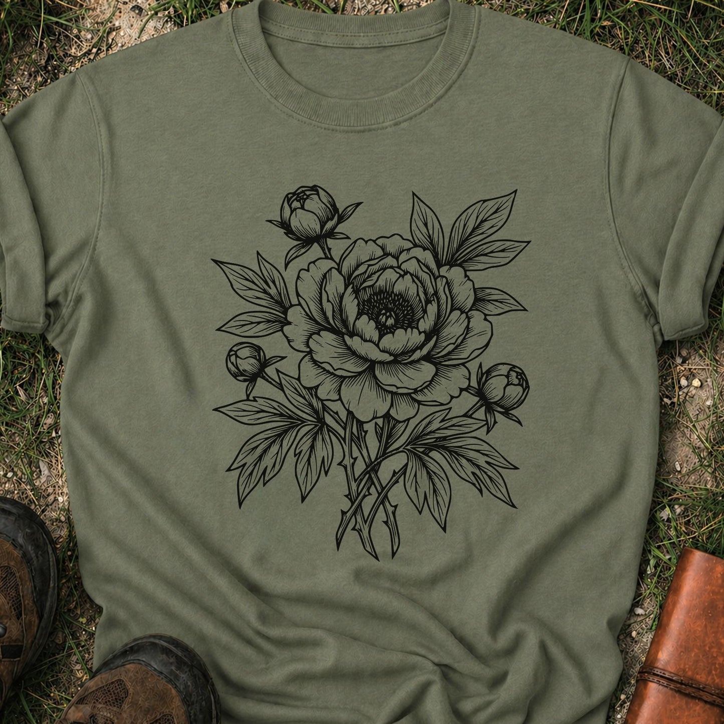 Green Tshirt lying on a grassy surface. The black graphic on the shirt is an  botanical line art design featuring a detailed peony-style flower with leaves and buds.