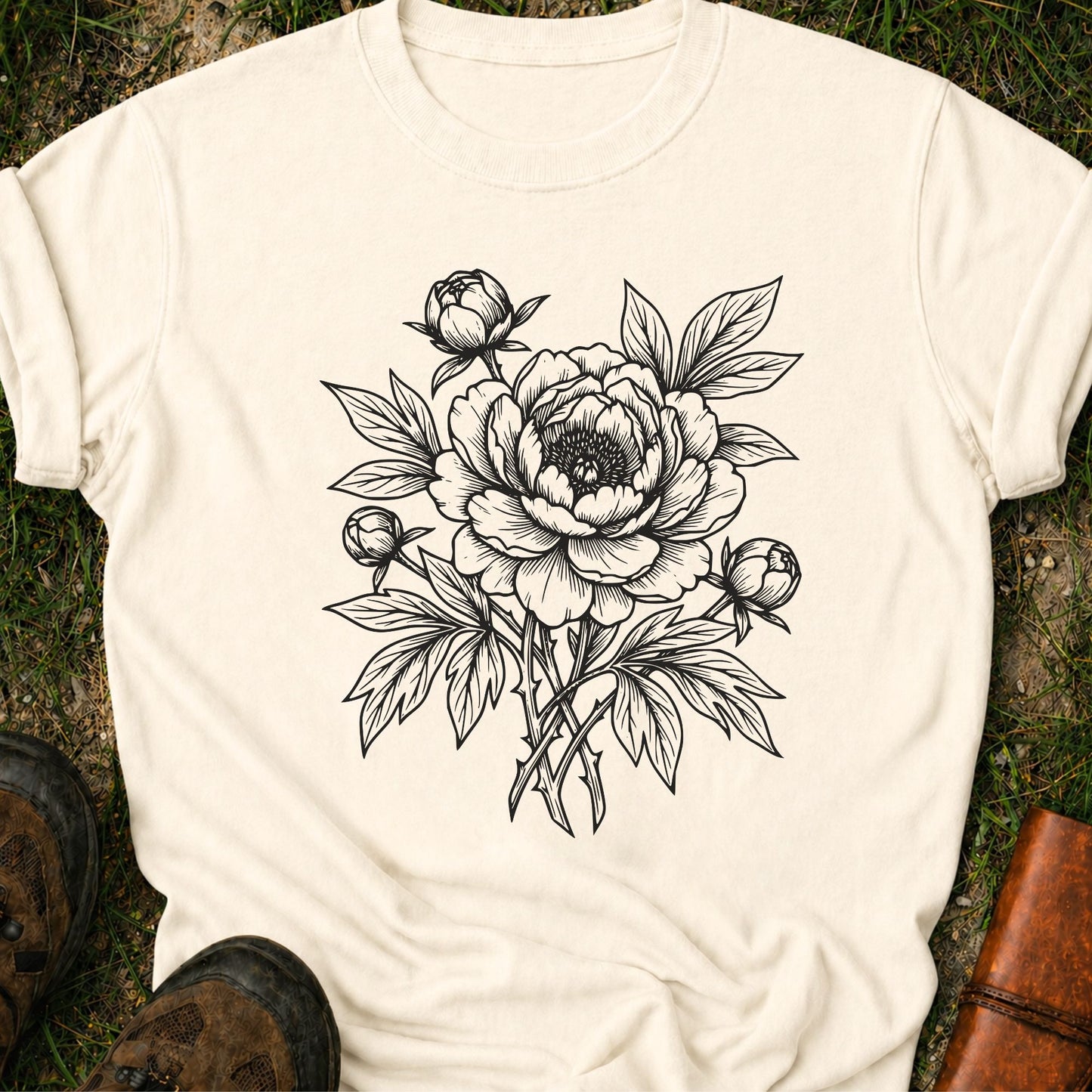 Ivory Tshirt lying on a grassy surface. The black graphic on the shirt is an  botanical line art design featuring a detailed peony-style flower with leaves and buds.