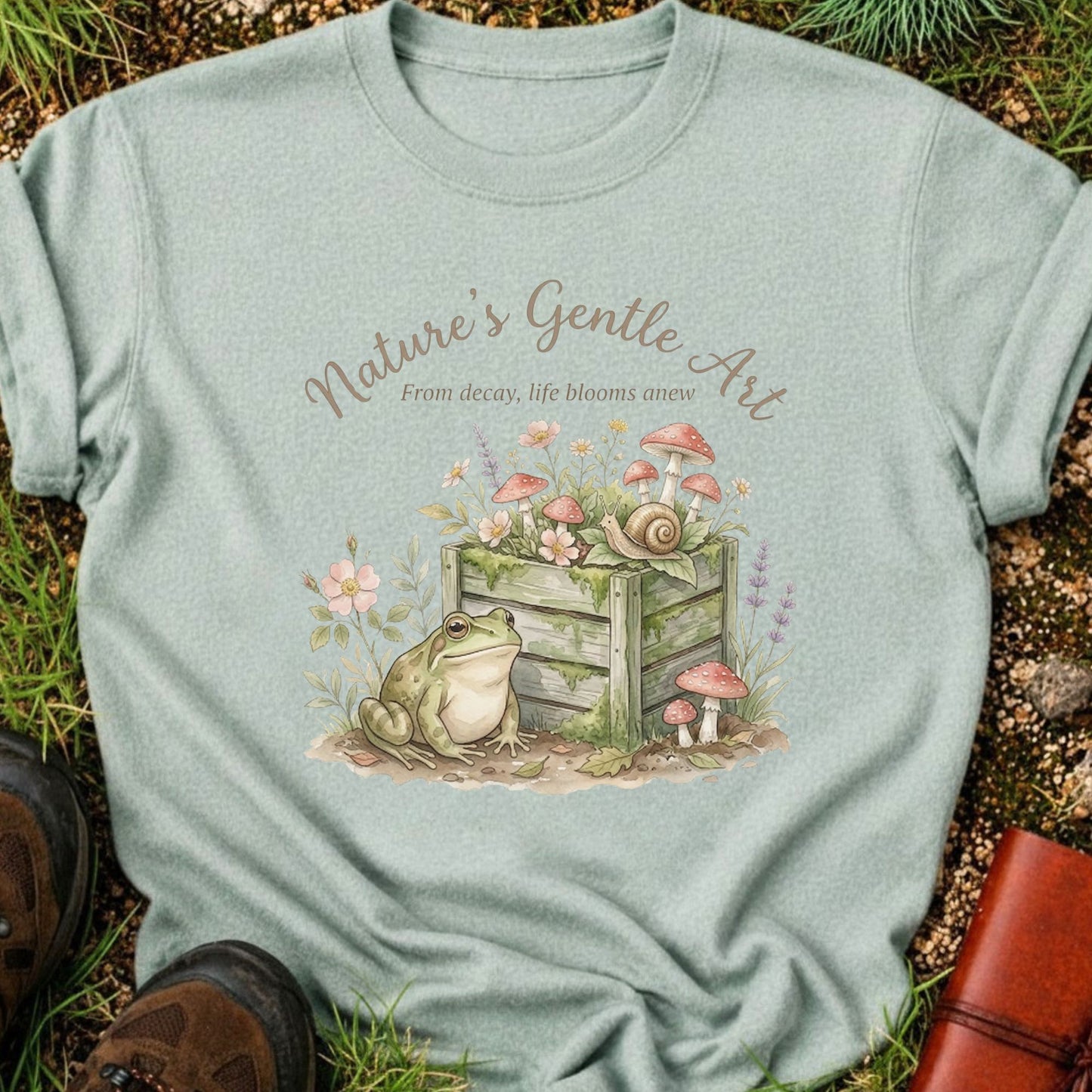 Light Green T-shirt lying on a grassy surface with a Whimsical cottagecore garden design featuring a frog, compost bin, mushrooms, wildflowers, and snail with the phrase “Nature’s Gentle Art. From decay, life blooms anew”