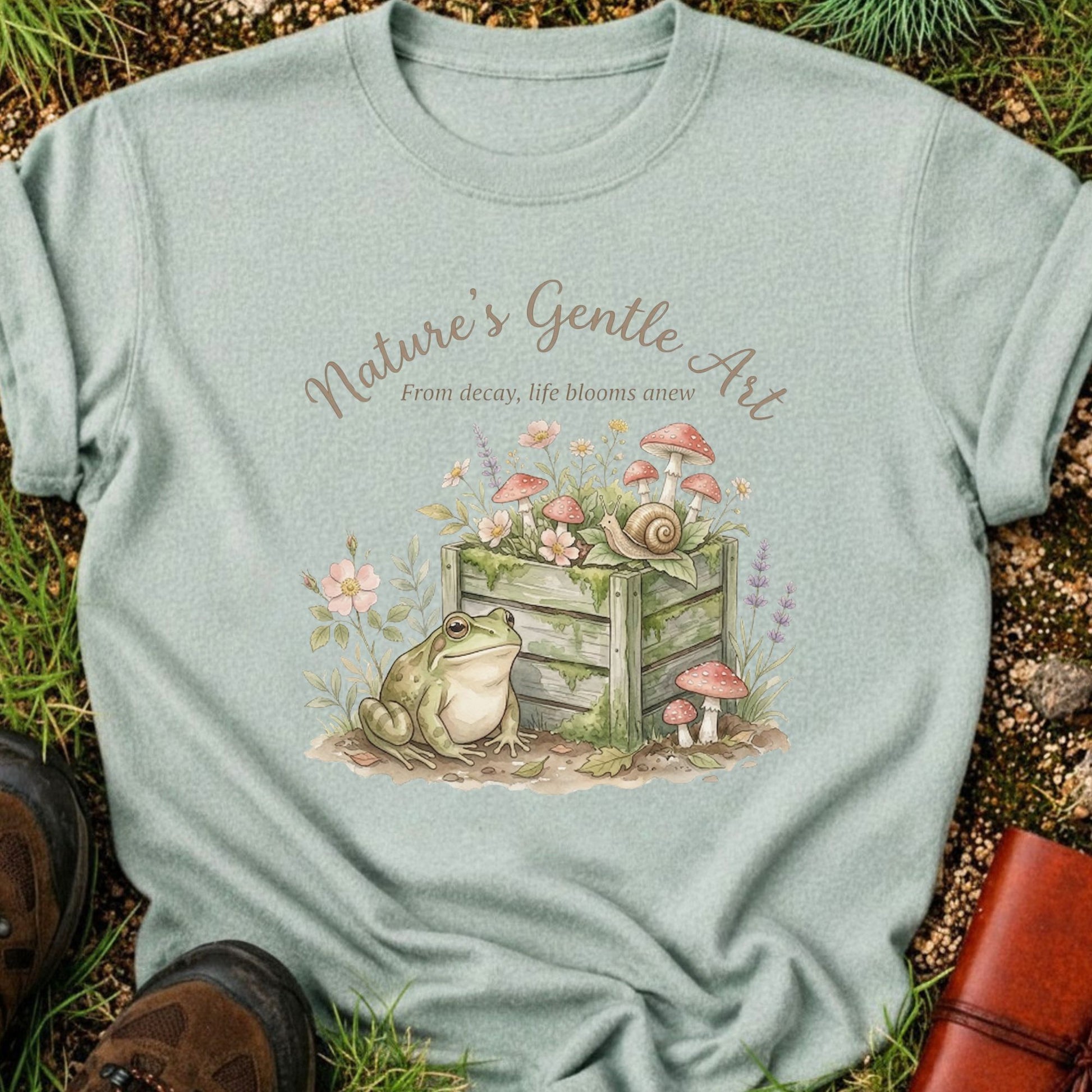Light Green T-shirt lying on a grassy surface with a Whimsical cottagecore garden design featuring a frog, compost bin, mushrooms, wildflowers, and snail with the phrase “Nature’s Gentle Art. From decay, life blooms anew”