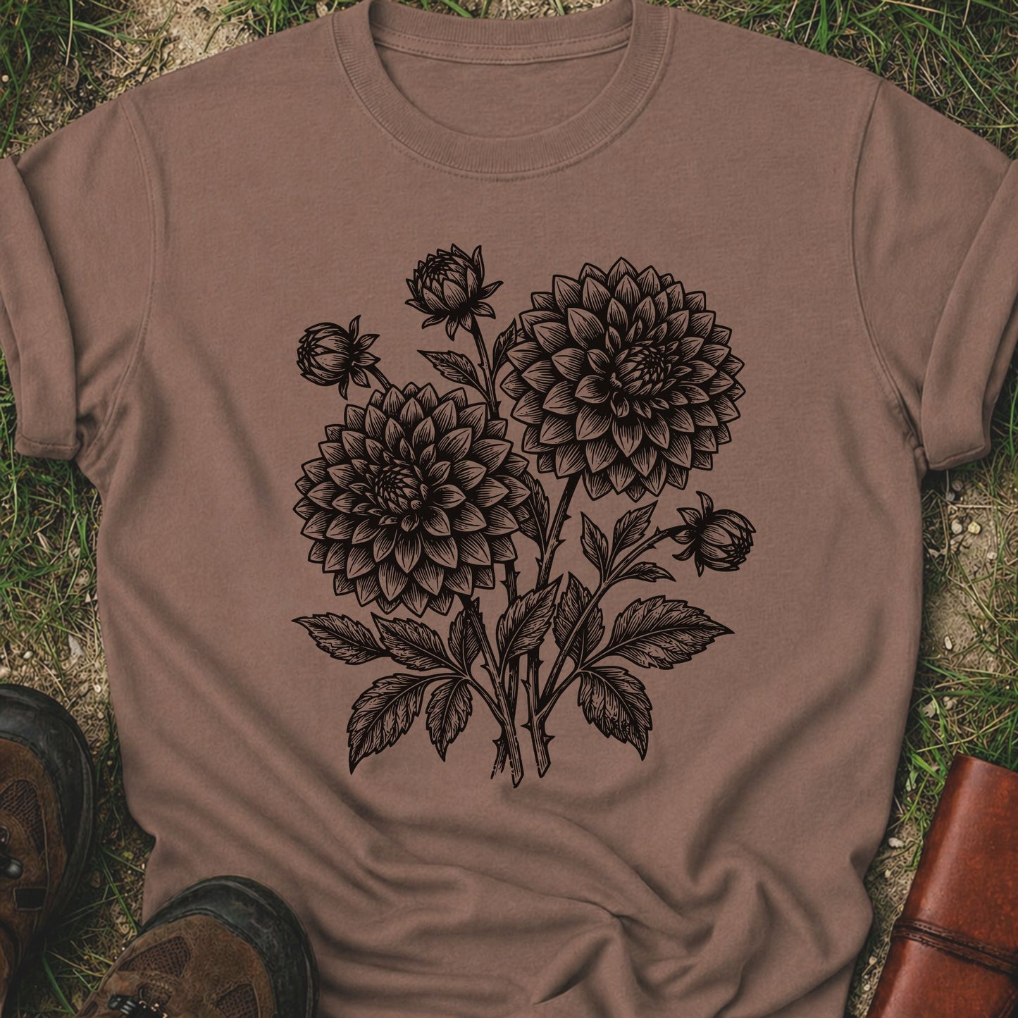 Brown T-Shirt laying on a grassy surface.  The graphic features a minimal black botanical line art design featuring dahlias with leafy stems and delicate floral details.