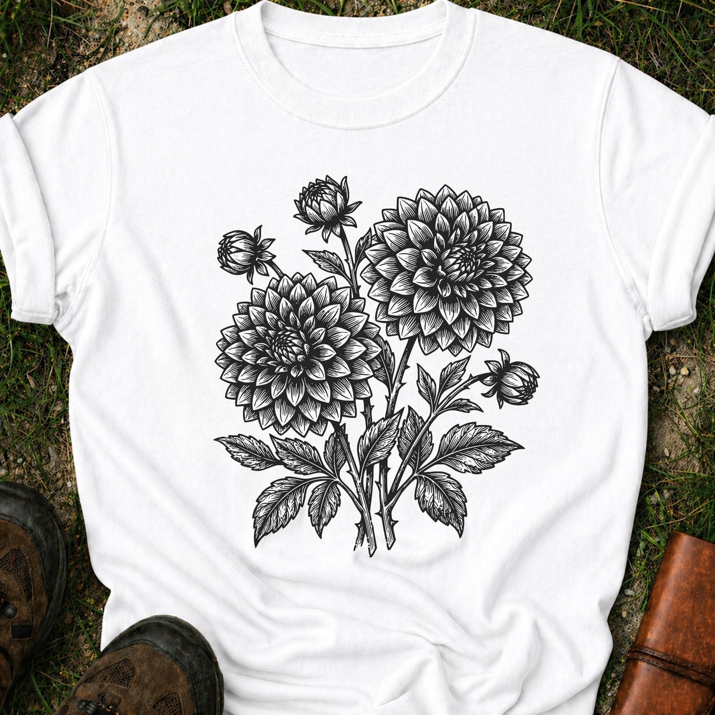 White T-Shirt laying on a grassy surface.  The graphic features a minimal black botanical line art design featuring dahlias with leafy stems and delicate floral details.