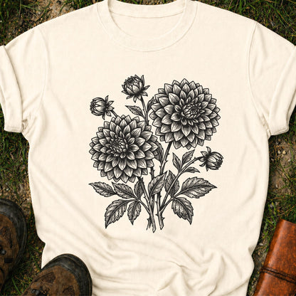 Ivory T-Shirt laying on a grassy surface.  The graphic features a minimal black botanical line art design featuring dahlias with leafy stems and delicate floral details.