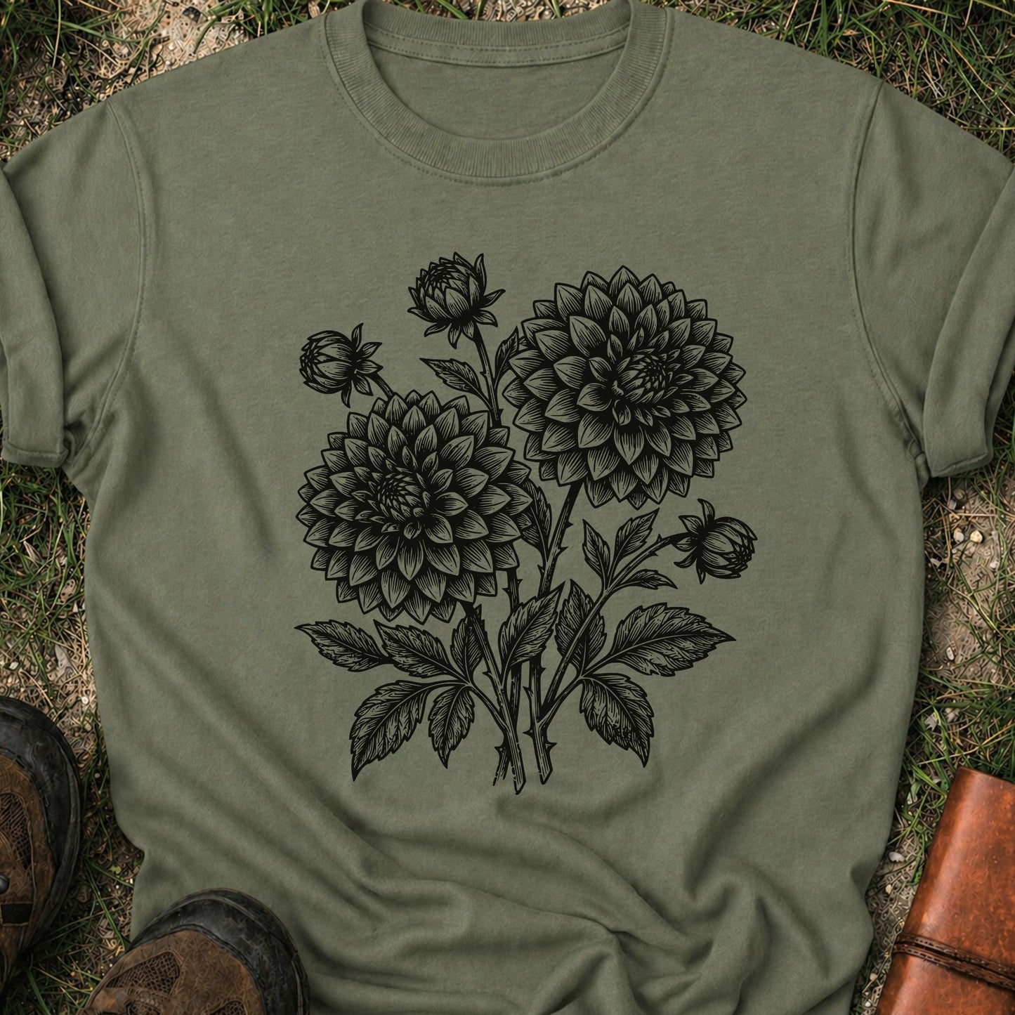 Dark Green T-Shirt laying on a grassy surface.  The graphic features a minimal black botanical line art design featuring dahlias with leafy stems and delicate floral details.