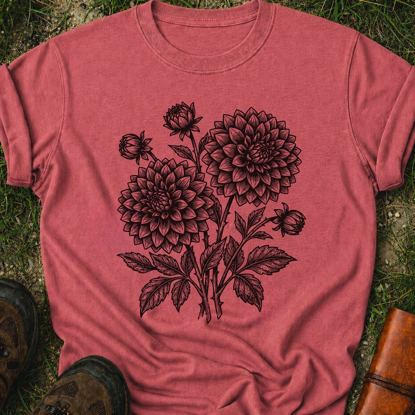 Dark Pink T-Shirt laying on a grassy surface.  The graphic features a minimal black botanical line art design featuring dahlias with leafy stems and delicate floral details.