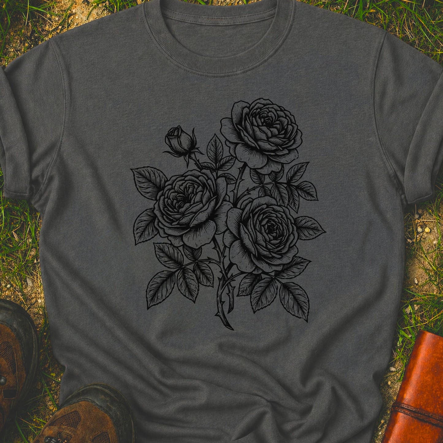 Dark Grey Tshirt lying on a grassy surface.  Graphic shows minimal black botanical line art design featuring elegant roses with leafy stems