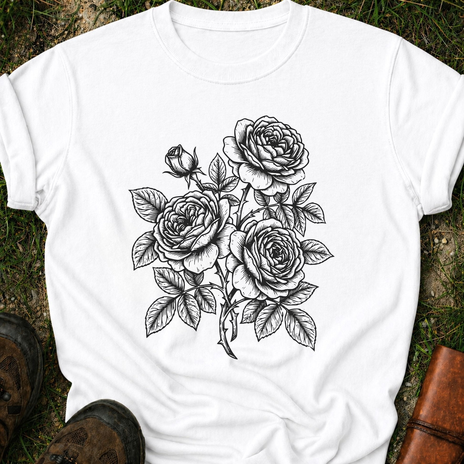 White Tshirt lying on a grassy surface.  Graphic shows minimal black botanical line art design featuring elegant roses with leafy stems