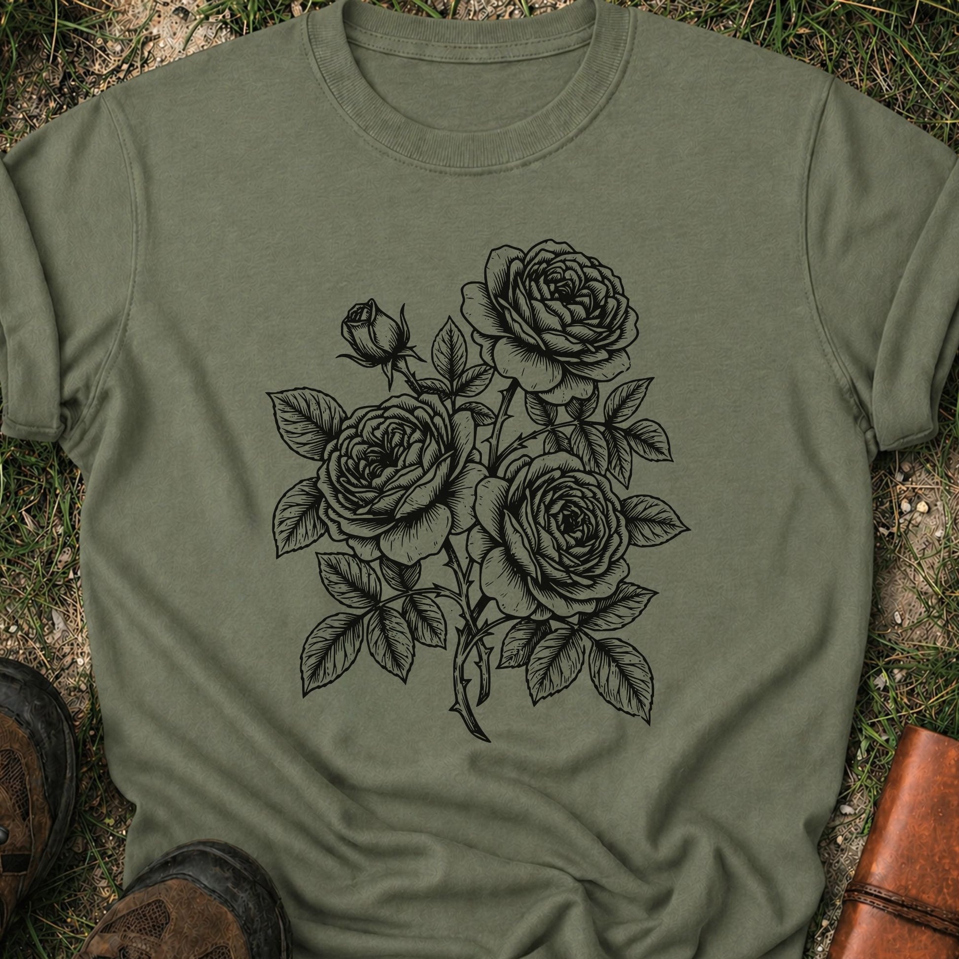 Dark Green Tshirt lying on a grassy surface.  Graphic shows minimal black botanical line art design featuring elegant roses with leafy stems