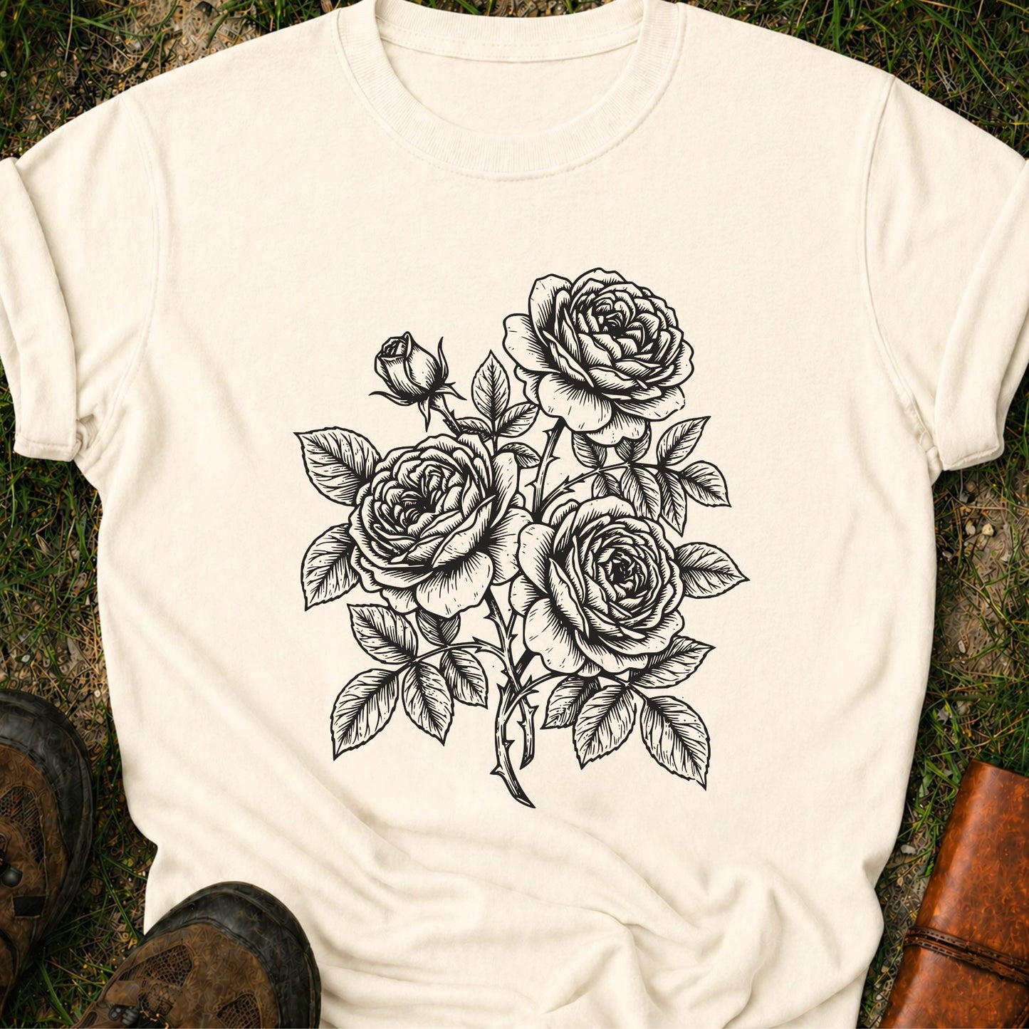 Ivory Tshirt lying on a grassy surface.  Graphic shows minimal black botanical line art design featuring elegant roses with leafy stems