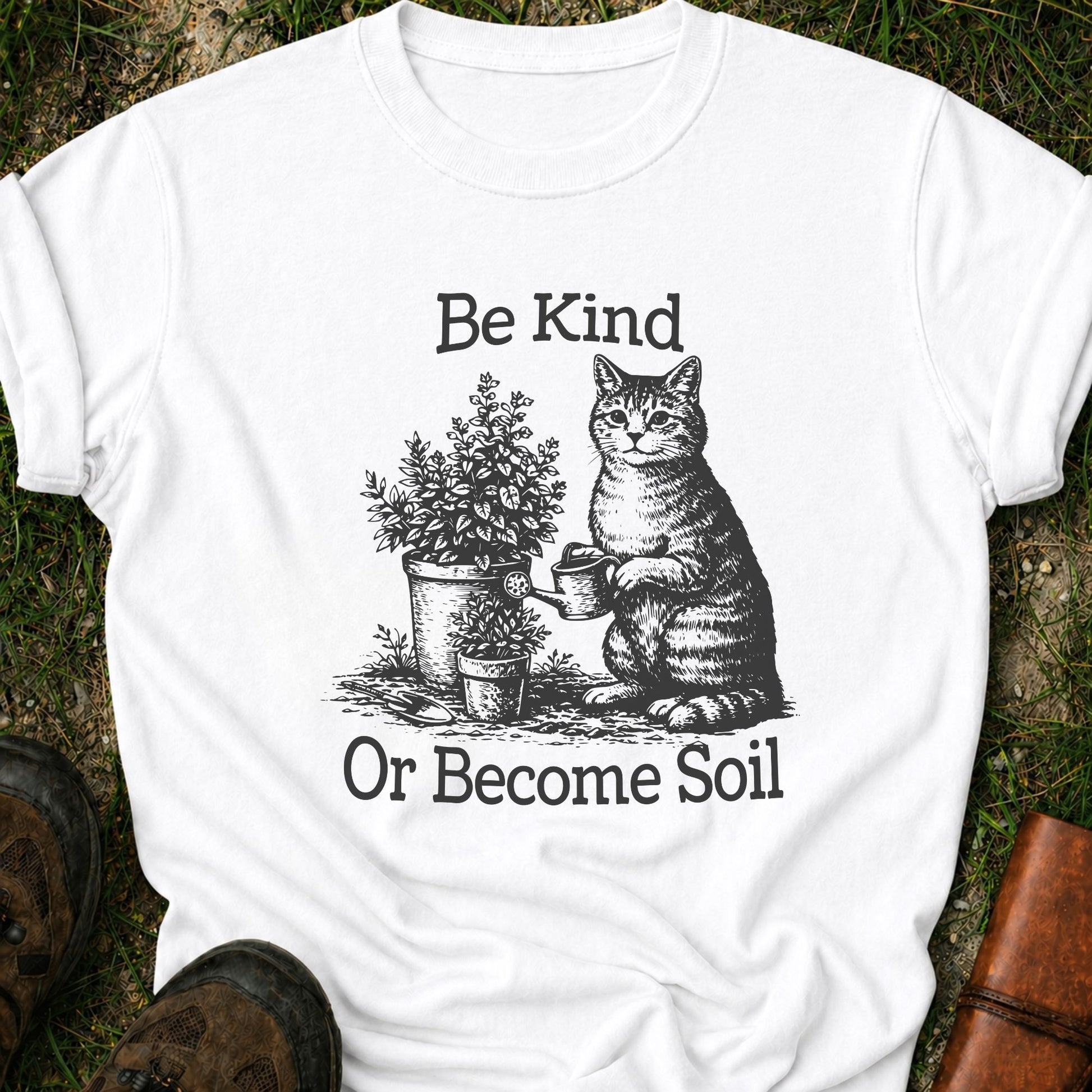 White  t-shirt lying on a grassy surface.  the graphic is a Funny vintage-style gardening cat design featuring a cat watering plants with the phrase “Be Kind Or Become Soil.”