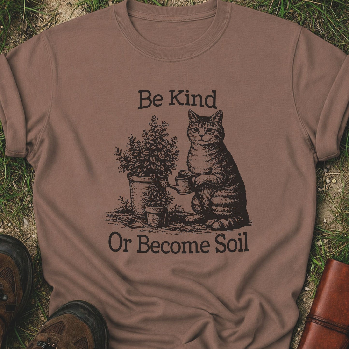 Brown  t-shirt lying on a grassy surface.  the graphic is a Funny vintage-style gardening cat design featuring a cat watering plants with the phrase “Be Kind Or Become Soil.”