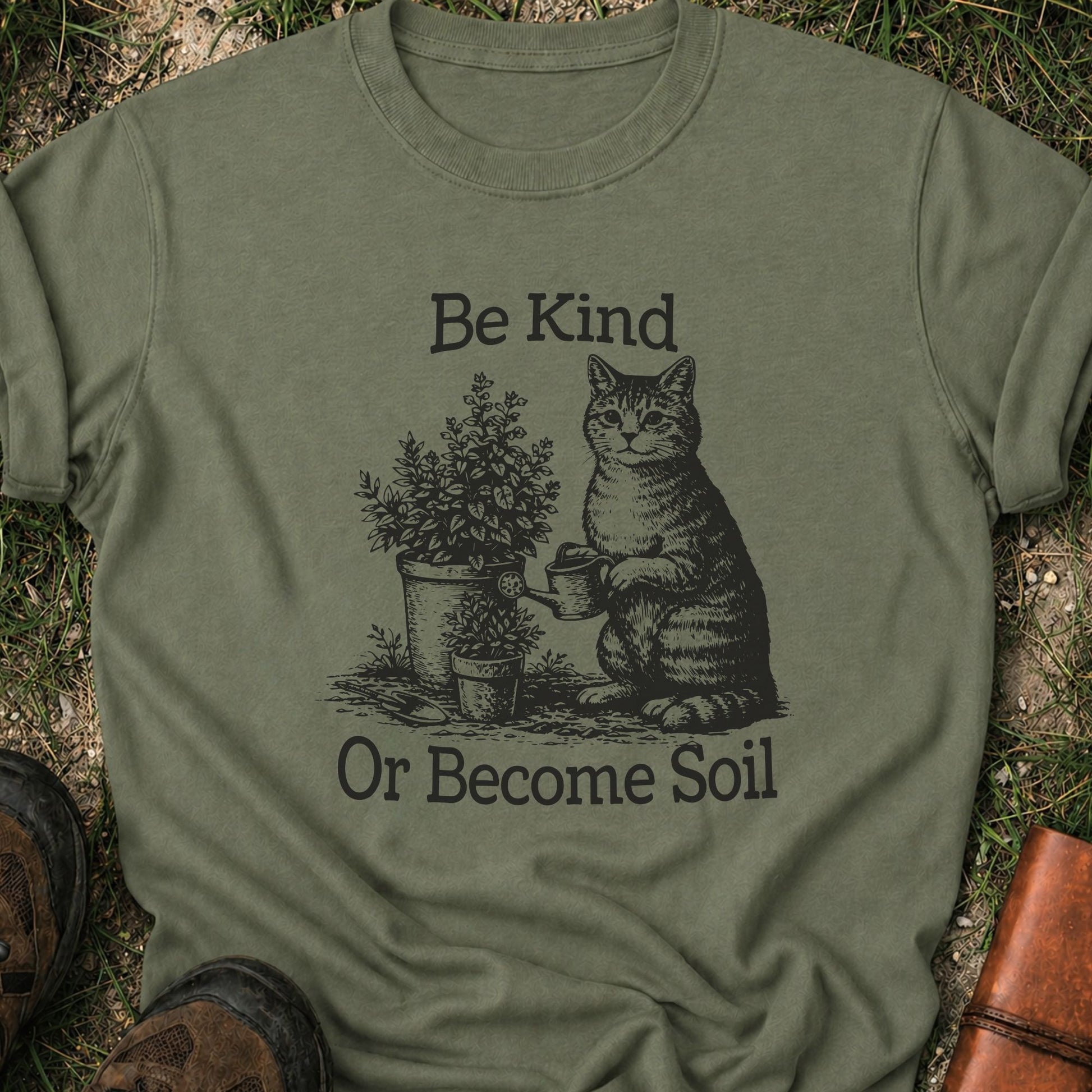 Dark Green  t-shirt lying on a grassy surface.  the graphic is a Funny vintage-style gardening cat design featuring a cat watering plants with the phrase “Be Kind Or Become Soil.”