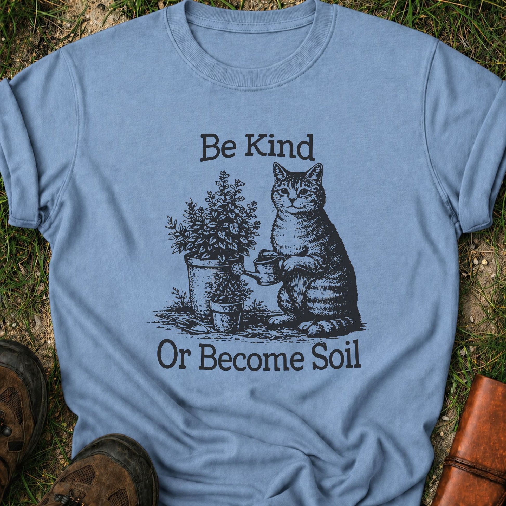  Blue t-shirt lying on a grassy surface.  the graphic is a Funny vintage-style gardening cat design featuring a cat watering plants with the phrase “Be Kind Or Become Soil.”