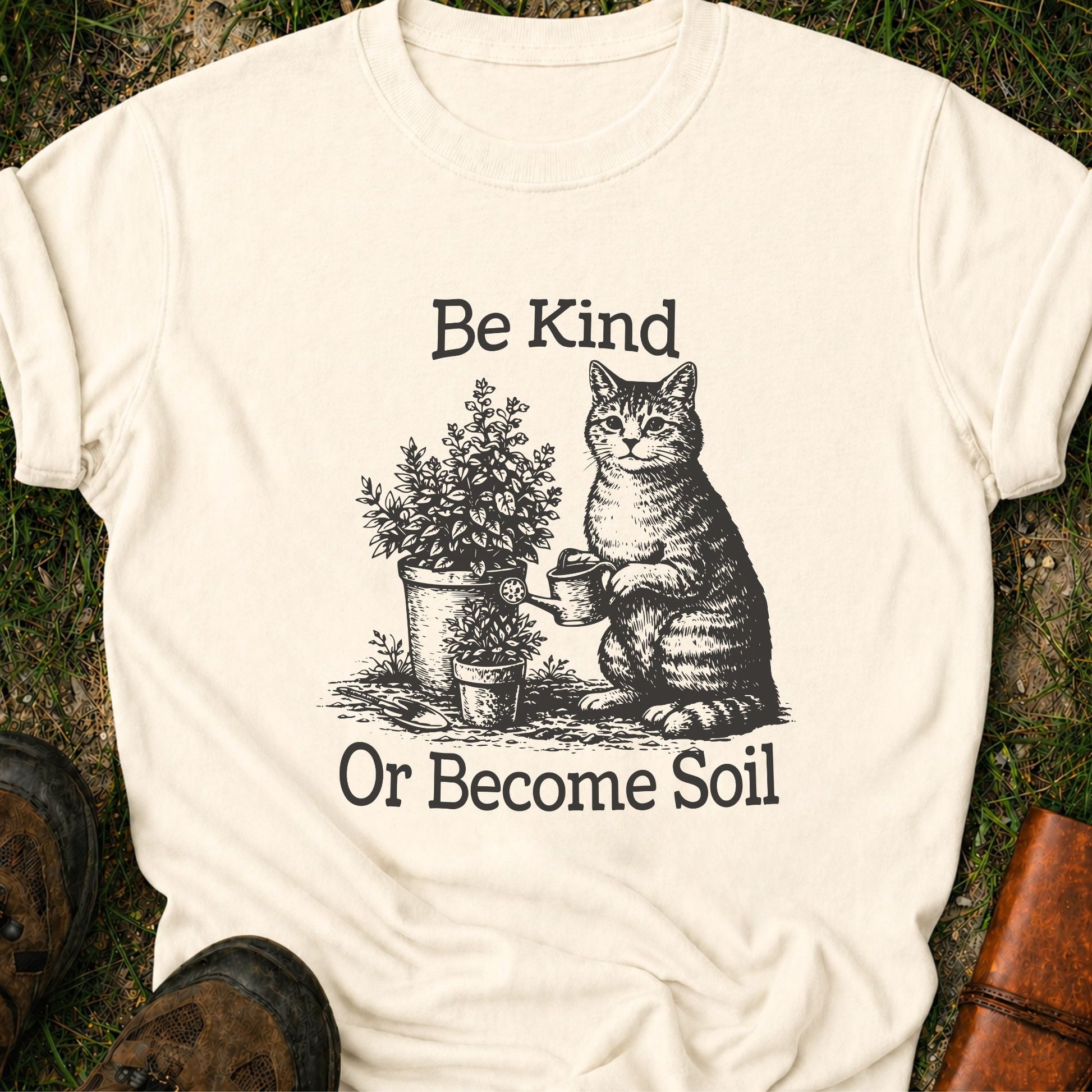 Ivory  t-shirt lying on a grassy surface.  the graphic is a Funny vintage-style gardening cat design featuring a cat watering plants with the phrase “Be Kind Or Become Soil.”