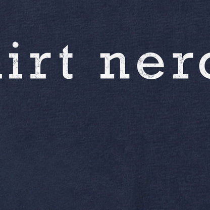 Navy blue shirt zoomed into text showing the distressed texture on the lettettering