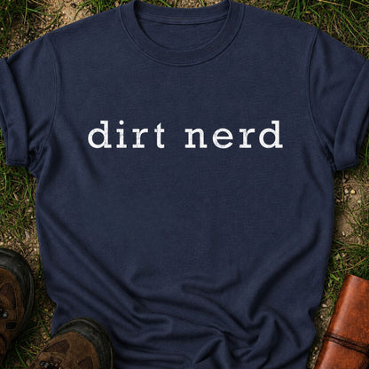 Navy blue t-shirt with 'dirt nerd' text on grass