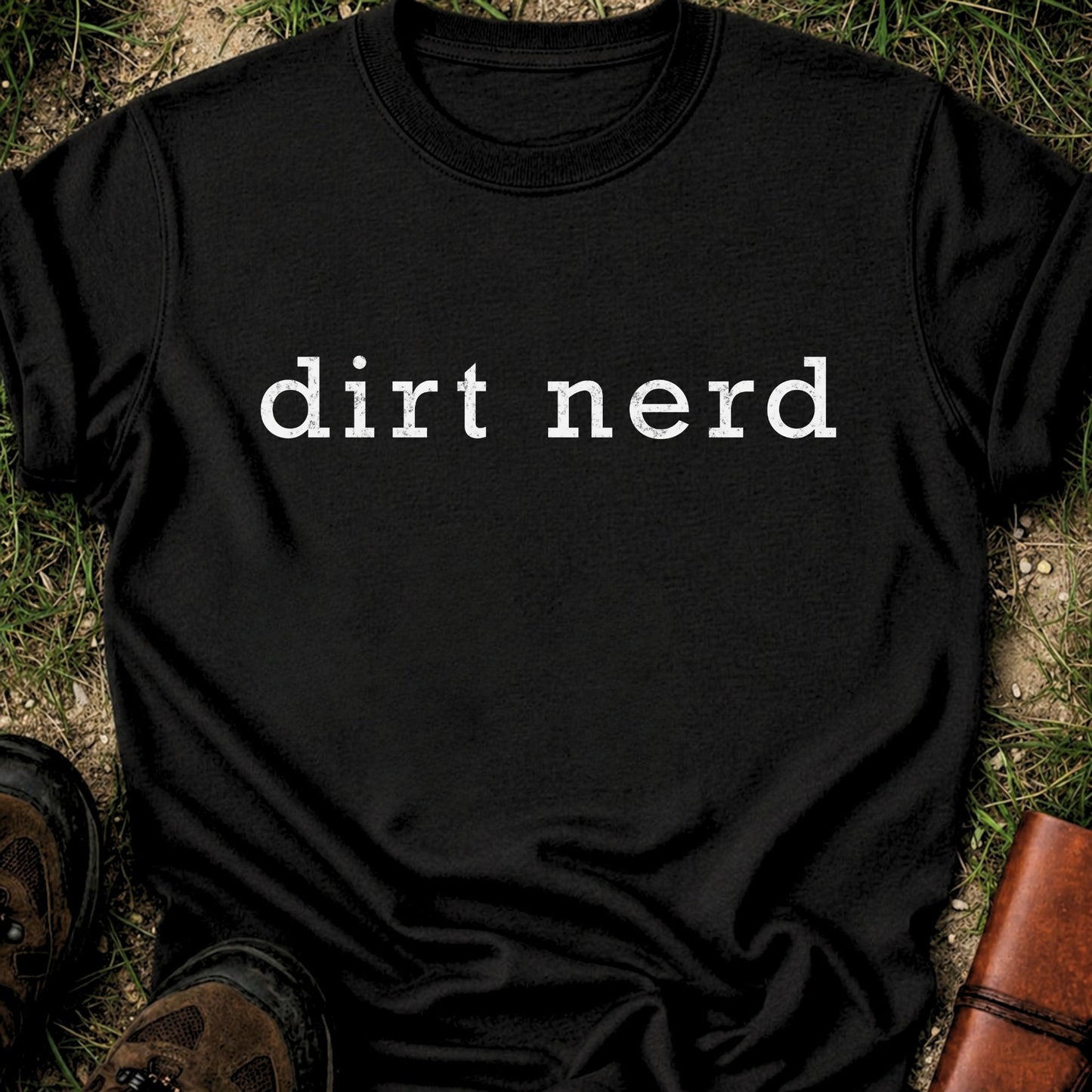 Black t-shirt with 'dirt nerd' text on grass