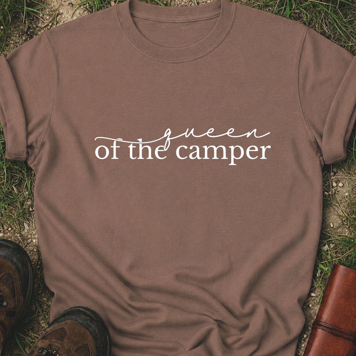 Brown t-shirt with 'Queen of the Camper' text on grass