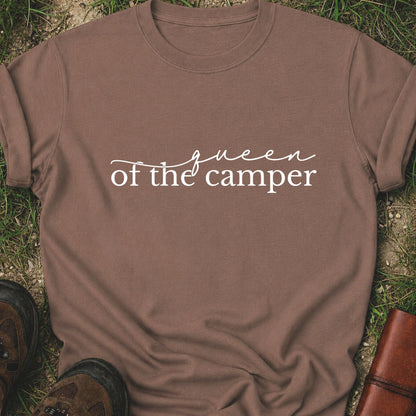 Brown t-shirt with 'Queen of the Camper' text on grass