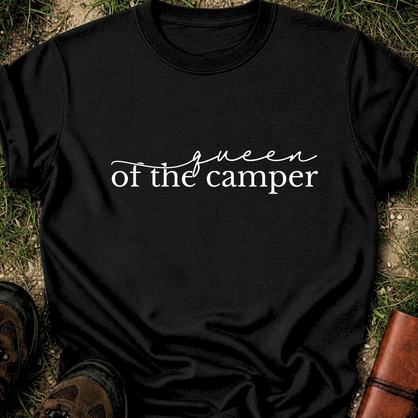 Black t-shirt with 'Queen of the Camper' text on grass