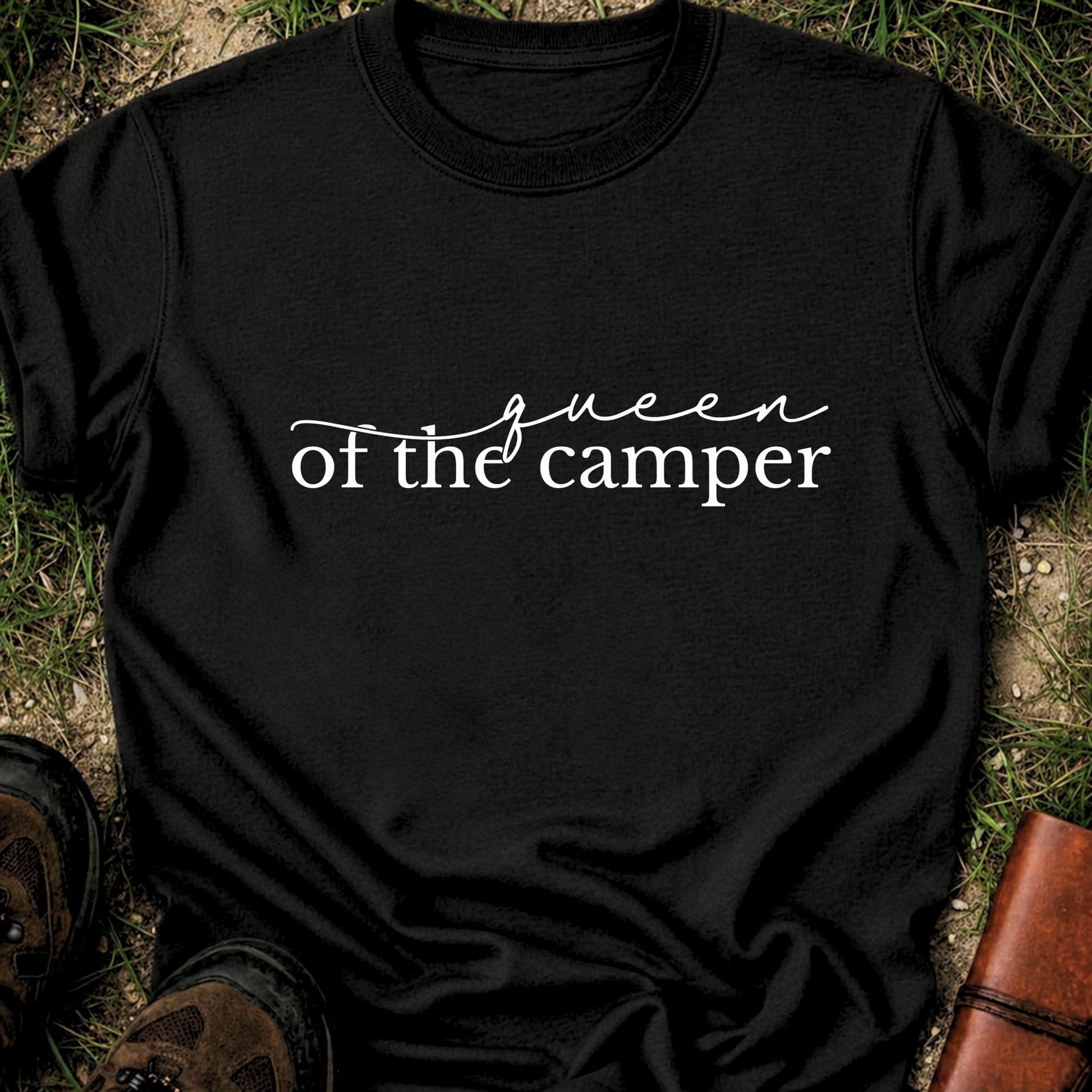 Black t-shirt with 'Queen of the Camper' text on grass