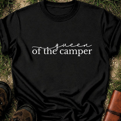 Black t-shirt with 'Queen of the Camper' text on grass