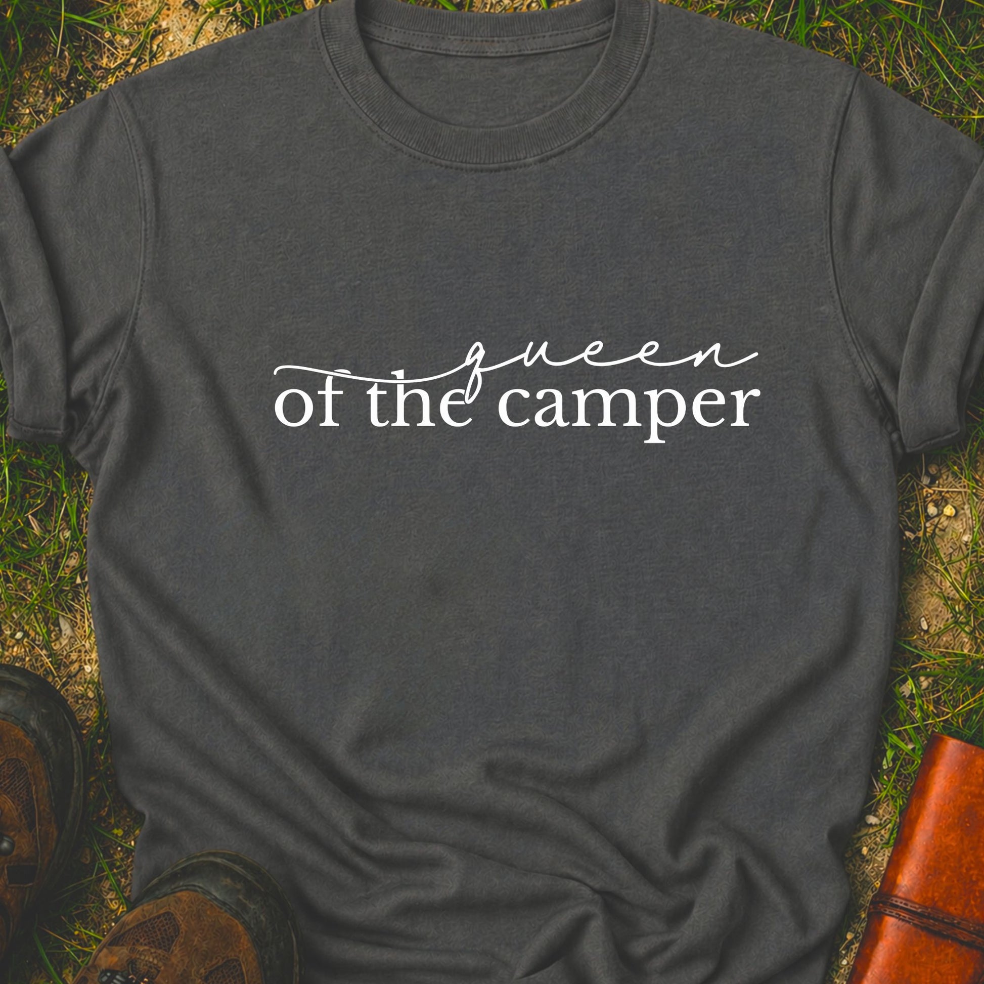 Dark gray t-shirt with 'Queen of the Camper' text on grass