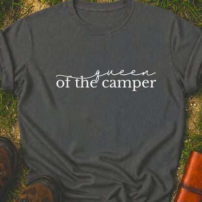 Dark gray t-shirt with 'Queen of the Camper' text on grass