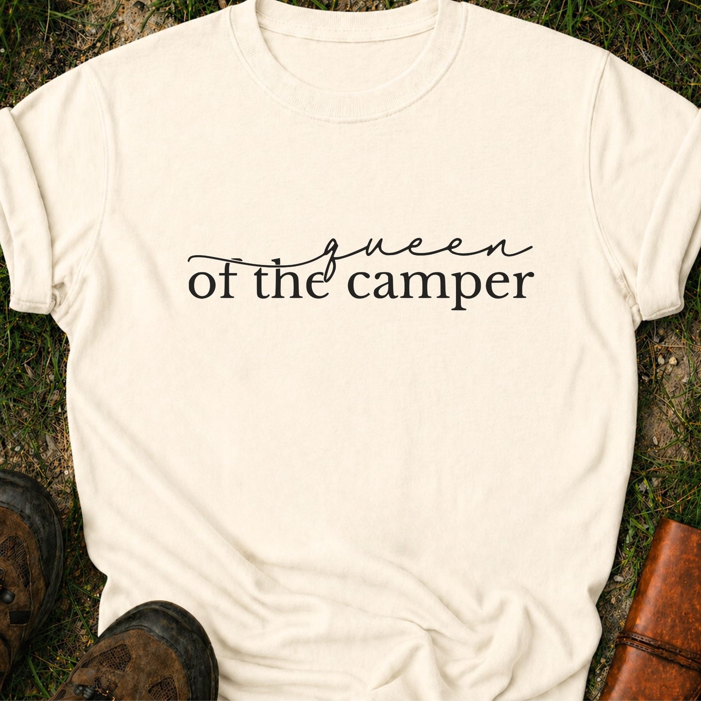 Ivory t-shirt with 'Queen of the Camper' text on grass