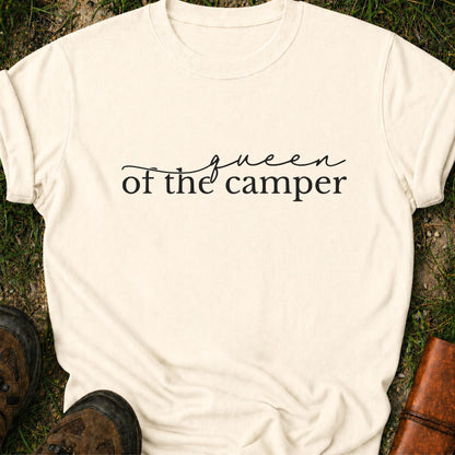 Ivory t-shirt with 'Queen of the Camper' text on grass