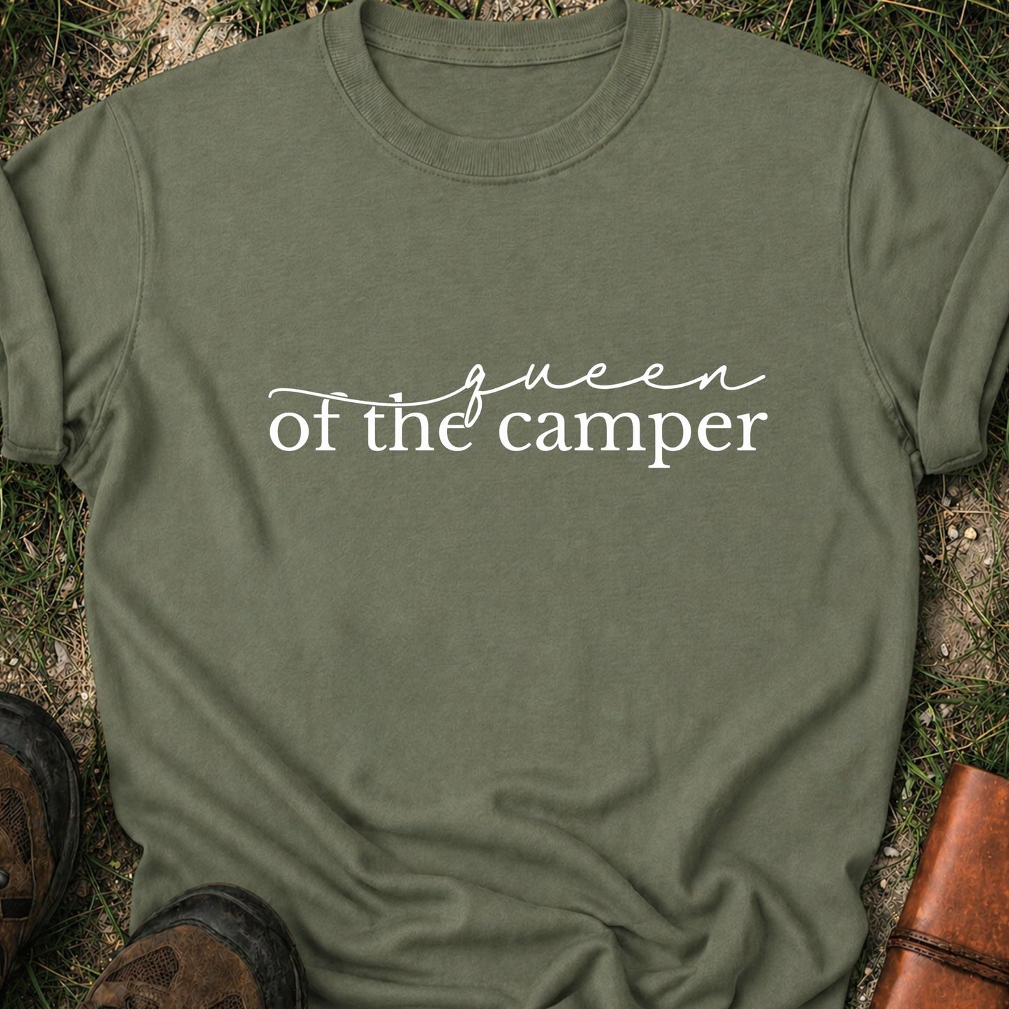Moss Green t-shirt with 'Queen of the Camper' text on grass