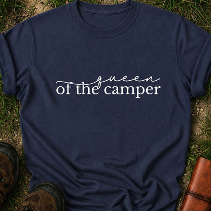 Navy blue t-shirt with 'Queen of the Camper' text on grass