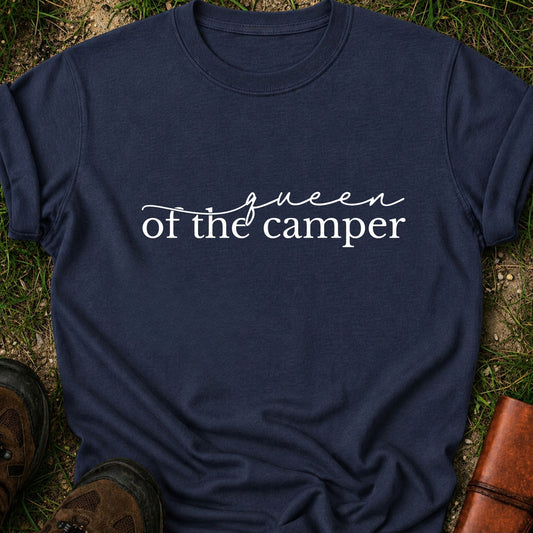 Navy blue t-shirt with 'Queen of the Camper' text on grass