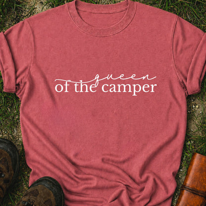 Dark Pink  t-shirt with 'Queen of the Camper' text on grass