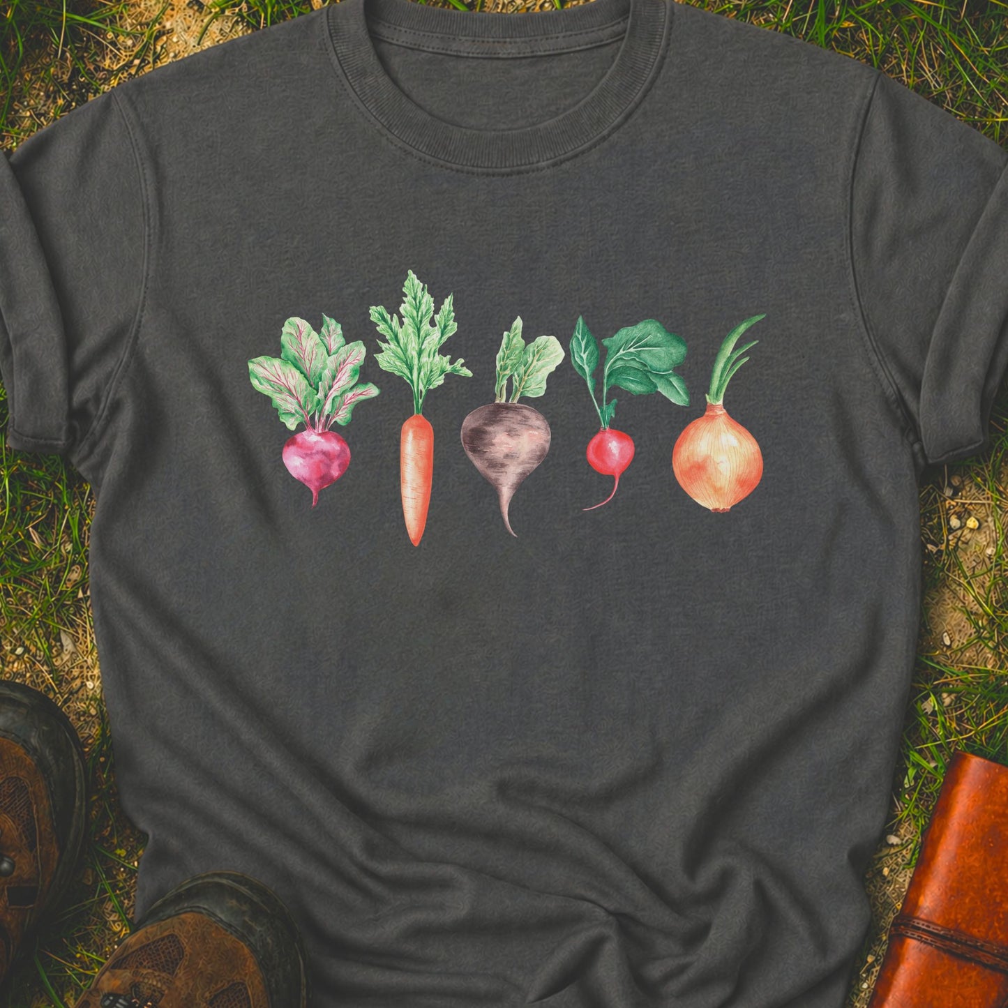 Pepper T-shirt with vegetable graphic laying flat  on a grassy surface
